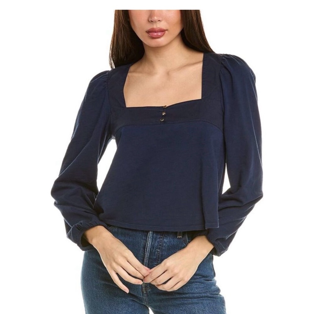 Nation LTD Navy Square-Neck Puff Sleeve Top